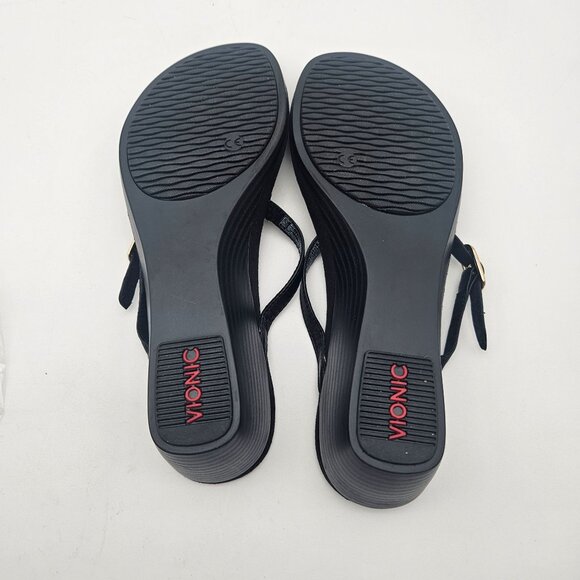Vionic Orchid Black Leather Thong Sandal Gold Tone Hardware Womens Sz 10 NEW - Picture 7 of 8
